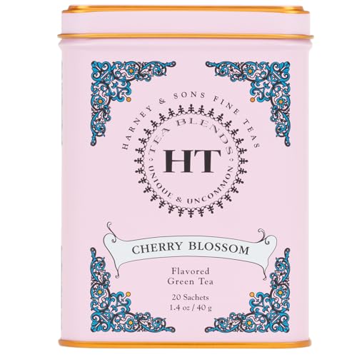 Harney & Sons Caffeinated Blossom Green Tea Tin Sachets Pink 31629, Cherry, 20 Count (Pack of 1)