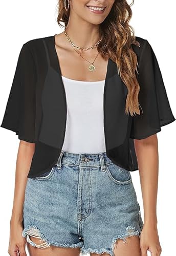 ZNVGIRL Women Shrug Chiffon Cardigans Open Front Short Sleeve Bolero for Evening Dressy(Black,M)