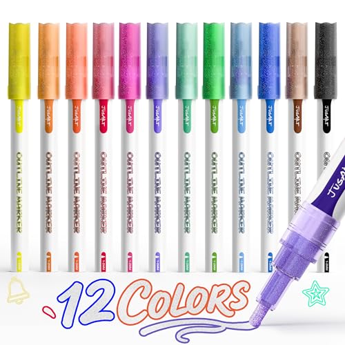 JusArt Outline Sparkle Markers, 12 Metallic Shimmer Pens for Adult Coloring, Cool Fun Drawing Supplies for valentines day, Easter, Christmas, Halloween