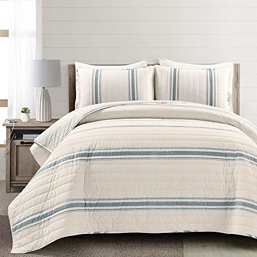 Lush Decor Farmhouse Stripe Reversible Cotton Quilt King Size 3 Piece Set Blue - Farmhouse Bedding Set King Quilt - Striped Bedding