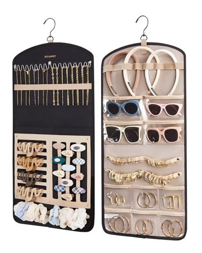 BAGSMART Hanging Jewelry Organizer Claw Clip Necklace Holder Roll for Hair Ties, Headbands, Clips, Earrings, Necklaces, Glasses Double-Sided on Closet, Wall, Door, 1 piece, Large-Black