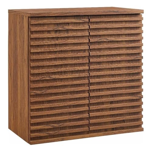 Modway Render Wall Mounted Bathroom Cabinet in Walnut - 23.5 Inch Compact Wall Storage with Slatted Doors and Adjustable Shelves for Bathroom or Laundry Room