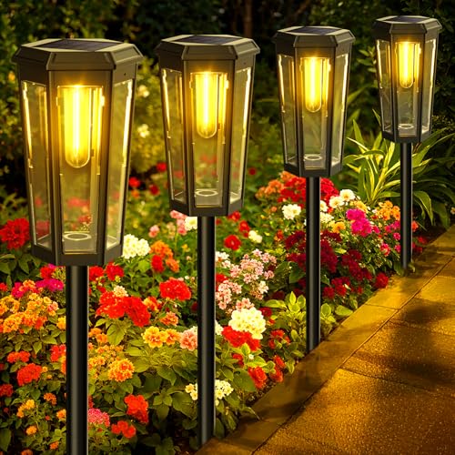 KINKAI Solar Pathway Lights Outdoor - 6 Pack Taller Garden Lights Bright LED Driveway Light Solar Powered Edison Bulb Landscape Lighting for Outside Walkway Patio Sidewalk Yard (Warm Light)