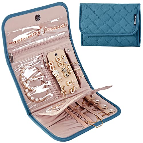 BELALIFE Travel Jewelry Case Organizer, Foldable Storage Roll for Earrings, Necklaces, Rings, Bracelets, Brooches, Lake-Blue