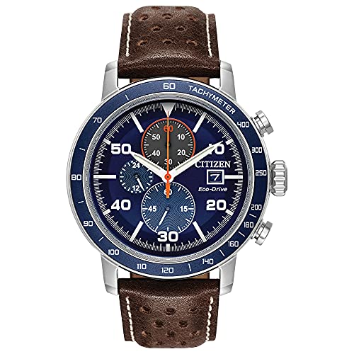 Citizen Men's Eco-Drive Weekender Brycen Chronograph Watch in Stainless Steel, Brown Leather Strap, Blue Dial (Model: CA0648-09L)