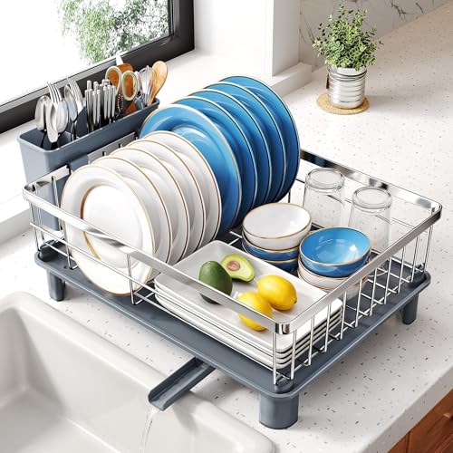 SNTD Dish Drying Rack - Small Dish Rack for Kitchen Counter, Stainless Steel Dish Drainer with Utensil Holder and Drainboard, 11" W x 15" L (Silver)