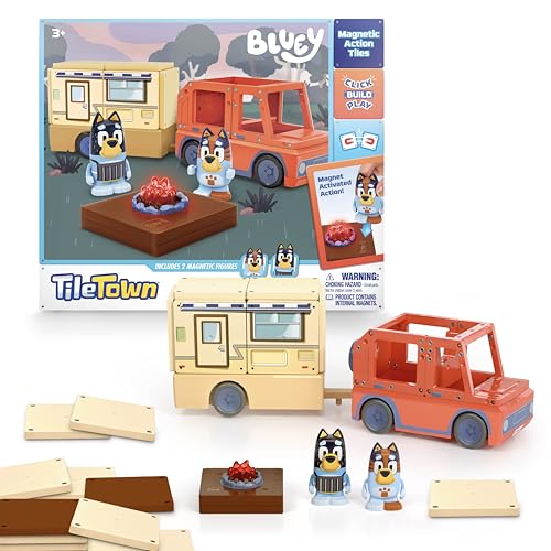 Tile Town Bluey Heeler Camper 13-Piece Magnetic Tile Playset, Interactive STEM Magnetic Tiles Toys, Includes Bluey & Bingo Figures, Action Tiles