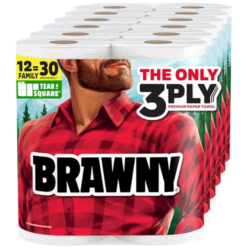Brawny Tear-A-Square 3-Ply Paper Towels, 12 XL Family Rolls = 30 Regular Rolls, Strong, Absorbent, and Durable with 3 Sheet Sizes (Quarter, Half, Full)