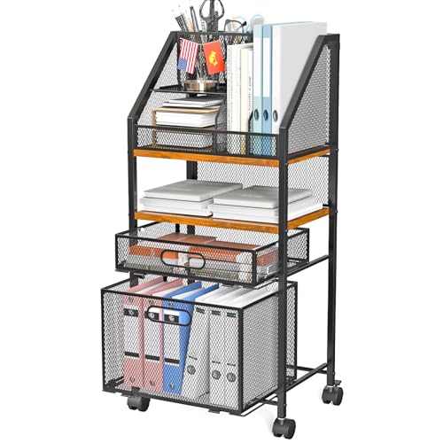 Rolling File Cart with 2 Storage Drawers Multipurpose Book Letter Organizer Carts with Lockable Wheels Wood&Mesh Rolling File Organizer Space-Saving Cart for Office Supplies