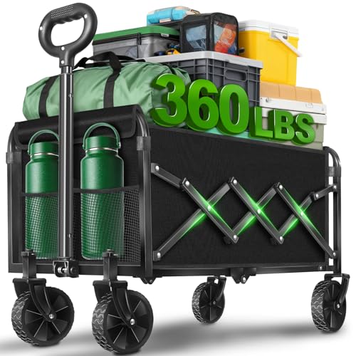 Wagons Carts Foldable, Collapsible Wagon Cart Foldable with All-Terrain Wheels, Folding Wagon for Beach Camp Sports Garden, Lightweight Portable/360 LBS/2025 New (Black)