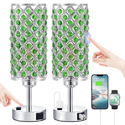 Hong-in Green Crystal Lamp Touch Control Set of 2, Crystal Table Lamps with USB C+A Ports & AC Outlet, 3-Way Dimmable Nightstand Touch Lamp, Modern Bedside Table Lamp for Bedroom(Bulbs Included)
