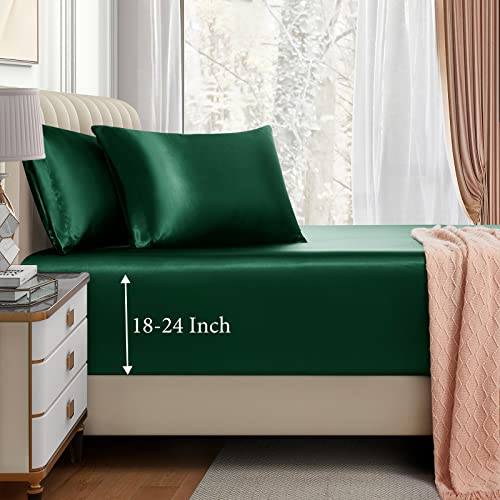 VACVELT 3pcs Extra Deep Pocket Satin Fitted Sheet Set Full Bed Set, Blackish Green Bottom Sheet Fit 18-24 Inch Deep Pocket Mattress, Silky Bedding Set Soft & Ultra Deep Fitted Sheet & 2 Pillowcase