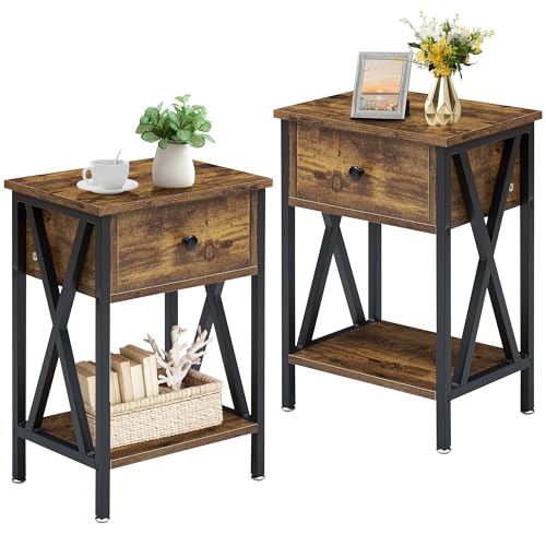VECELO Nightstands Set of 2, Modern Bedside End Tables, Night Stands with Drawer and Storage Shelf for Living Room Bedroom, Industrial Metal Frame