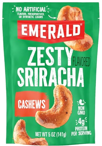 Emerald Nuts Sriracha Seasoned Cashews (1-Pack) | 5 Oz Resealable Bag | Plant-Based Protein, Kosher Certified, Non-GMO, Contains No Artificial Preservatives, Flavors or Synthetic Colors