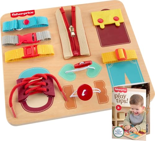 Fisher-Price Wood Montessori Toy Dressing Board, American Montessori Society Seal of Excellence, Early Life Skills Learning Wooden Busy Activity for Preschool Kids Ages 3+ Years (Amazon Exclusive)