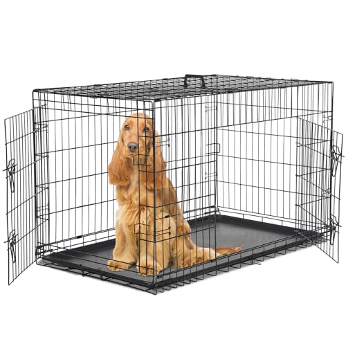 Sweetcrispy 48 Inch Dog Crate, Medium Large Crates Double Door Folding Metal Wire Dog Cage with Plastic Leak-Proof Pan Tray, Pet Kennel for Indoor, Outdoor, Travel