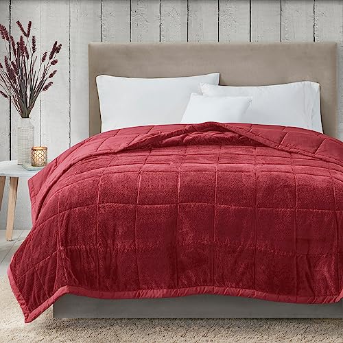 Madison Park Queen Cozy Blanket HeiQ Smart Temperature Plush to Microfiber Reverse Box Quilting, Reversible, Soft All Season, Lightweight Summer Cover, for Bed, Couch and Sofa, Full/Queen, Burgundy