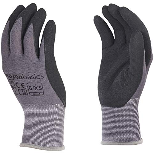 Amazon Basics Micro-Foam Nitrile Coated Safety Work Gloves, Touch Screen, Nylon Liner Fiber, General Duty Work, Machine Washable, Grey, Size 6/XS, 12-Pair