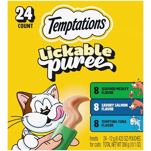 Temptations Creamy Puree Squeezable Lickable Cat Treats, Wet Cat Treats with Tuna, Salmon, and Seafood Medley Variety Pack, 0.42 oz. Tubes, 24 Count