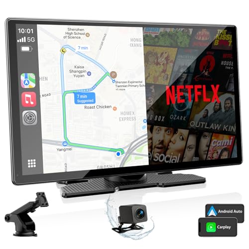 Volam 9'' Carplay Screen with Net-Flix YouTube and 1080P Backup Camera Upgraded Android Auto Screen Portable AI Magic Video Box Built-in Apps Voice Control Car GPS for iOS 10+ Android 11+