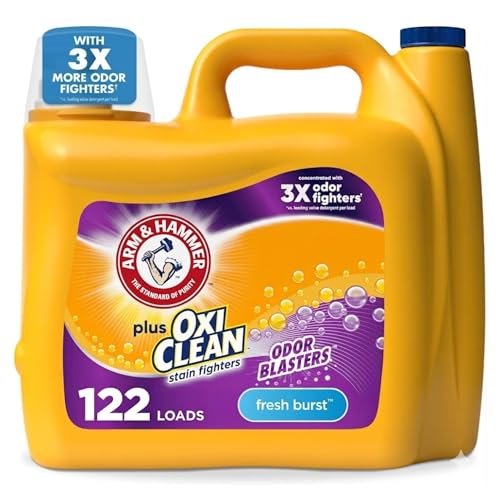 ARM & HAMMER Plus OxiClean with Odor Blasters Liquid Laundry Detergent, Laundry Odor Remover, Attacks Stains, Fresh Burst Scent, 122 Loads, 158.6 Fl Oz