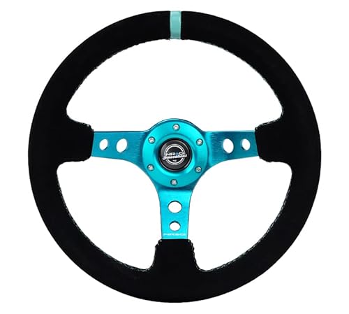 NRG Innovations NRG-RST-006S-TL Reinforced Steering Wheel - 350MM Sport Steering Wheel (3" Deep) - Black Suede Teal Center Mark with Teal Stitching and Teal Center spoke