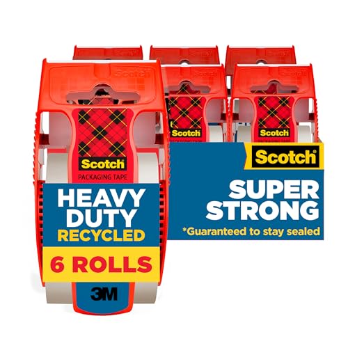 Scotch Heavy Duty Recycled Packaging Tape, Shipping and Packing Tape, 1.88 in x 800 in, 6 Rolls with Dispensers, Red