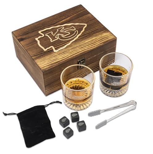 The Memory Company Officially Licensed NFL Wood Boxed Drinkware Set, with 2 Rocks Glasses and Cooling Cubes, Kansas City Chiefs