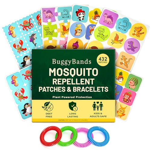 BuggyBands Mosquito Repellent Stickers for Kids (432 Patches) + 4 Mosquito Bands – Upgraded PU Waterproof Bug Stickers, DEET-Free Natural Essential Oil - Fun Dino & Ocean Designs for Family Outdoor