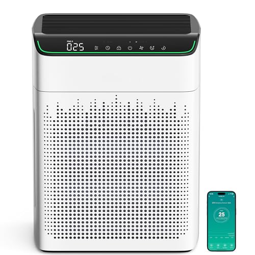 Air Purifiers for Home Large Room up to 1690 ft², HEPA Filter with PM 2.5 Monitor, WiFi and Alexa Compatible, Dual Air Intake for Smoke, Odor, Ivory
