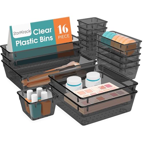 StorMiracle 16 PCS Drawer Organizer Set, 5 Varied Size Bathroom and kitchen Drawer cabinet organizer Trays, Clear Storage Bins for Makeup, Jewelry, Utensils and Gadgets, Black