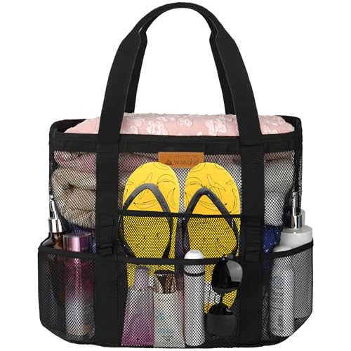 wanchel Mesh Beach Bags for Women - Plus Waterproof Sandproof Tote Bag with 8 Pockets and 1 inner Zipper Closure Pockets