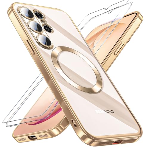 QiiStar for Samsung Galaxy S26 Ultra Case,Clear Magnetic Phone Cases with 2* Screen Protector,[Full Camera Lens Cover] for Women Girls Plating Glossy Silicone Cover for Galaxy S 26 Ultra,Gold
