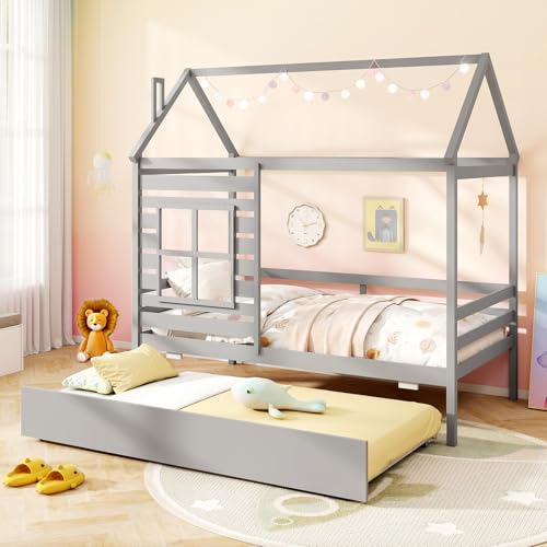 Giantex Twin House Bed with Trundle Bed, Wooden Twin Bed Frames with Roof, Chimney & Window, Montessori House Bed with Safety Guardrails for Kids, Boys, Girls, Teens (Grey)
