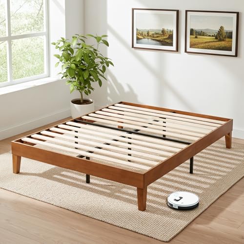 Sweetcrispy Solid Wood Bed Frame, Queen Size Bed Base with Wood Slat Support, Sturdy, Stylish & Noise-Free Design, No Box Spring Needed, Easy Assembly, Dark Brown