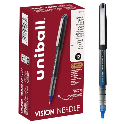 Uniball Vision Needle Rollerball Pens, Micro Point (0.5mm), Blue, 12 Pack