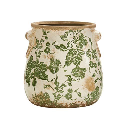 Nearly Natural 6.5in Ceramic Decorative Vase, Tuscan Style Green Floral Scroll Design For Indoor Home Shelf Table Decor