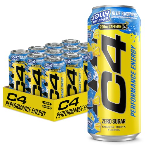 C4 Performance Energy Drink, Jolly Rancher Blue Raspberry, Zero Sugar Carbonated Preworkout Energy, 200mg Caffeine with Beta Alanine, 16 Fl Oz (12 Pack)