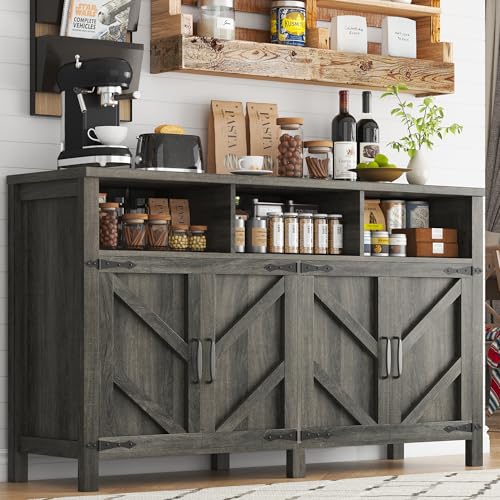 knoworld Buffet Sideboard with Storage Farmhouse with 4 Doors, 55'' Large Kitchen Storage Cabinet Wood Coffee Bar Cabinet Buffet Table with Shelves for Kitchen, Dining Room, Entryway (Gray, 55in)