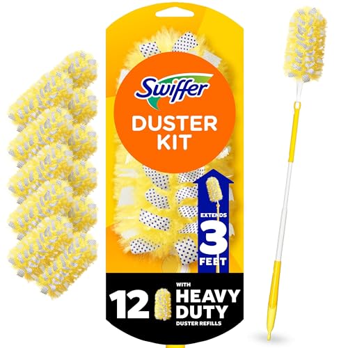 Swiffer Duster Kit with 3 ft Extendable Handle, Heavy Duty Dusting Starter Kit with 12 Refills, for Ceiling Fans, Vents and Hard to Reach Places