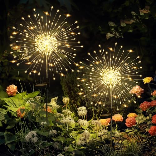 GIGALUMI Garden Decor Outdoor Lights 120LED 2Pack, Solar Garden Lights Outside Fairy Firework Decorative,Solar Powered for Yard Pathway Flowerbed Planter Balcony Patio 4th of July Decor (Warm White
