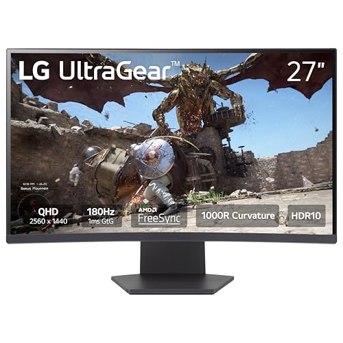 LG 27GS60QC-B Ultragear 27-inch Curved Gaming Monitor QHD (2560x1440) 180Hz 1ms 1000R AMD FreeSync HDR10 HDMIx2 DisplayPort Borderless Design Black Stabilizer DAS Crosshair FPS Counter - Black
