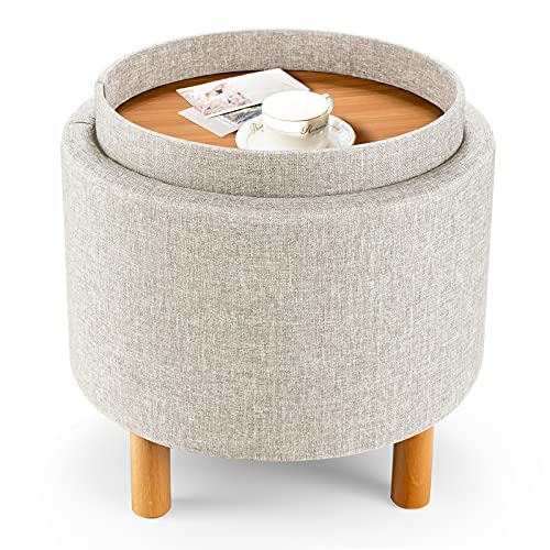 Giantex Round Storage Ottoman with Tray Lid, Accent Storage Footstool w/Soft Padding, Fabric Sitting Stool w/Solid Wood Legs & Non-Slip Pads, Tray Top Coffee Table for Living Room, Bedroom (Beige)