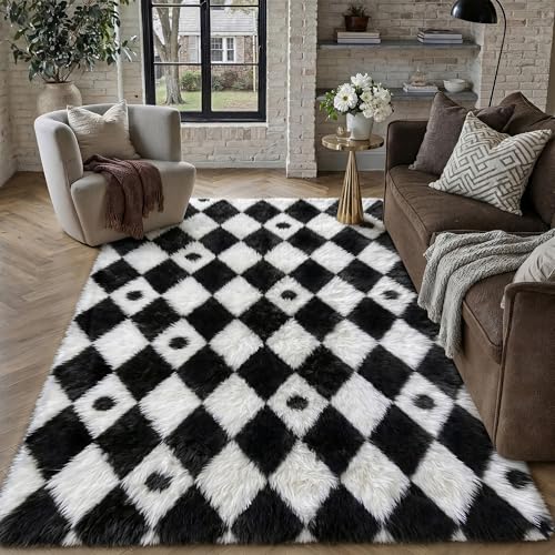 PureCozy Checkered Rug 5x8 Fluffy Shag Living Room Black and White Area Rug Modern Washable Carpet Soft Shaggy Non Slip Indoor Plush Fuzzy Rugs for Bedroom Dorm Office Home Aesthetic Decor