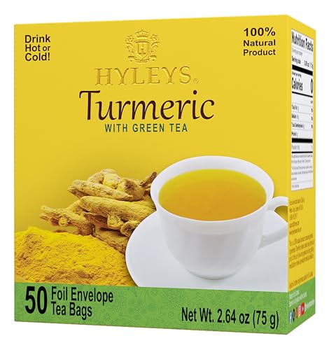 Hyleys Turmeric Green Tea - Green Tea with Turmeric Root - Herbal Tea Bags - 50 Individually Wrapped Tea Bags