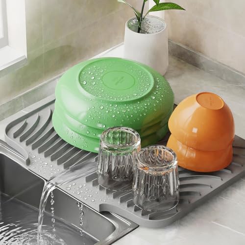 Silicone Dish Drying Mat for Kitchen Counter, Sloped Dish Drainer Mat with Drainage Ridges Grooves, Reliable Support, Non-Slip, Portable, Grey, 14.6" x 11.8"