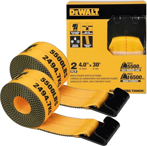DEWALT DXBC90089 Black/Yellow 4" x 30' Winch Straps - 5,500 lb Safe Working Load / 16,500 lb Break Strength, 2 Pack