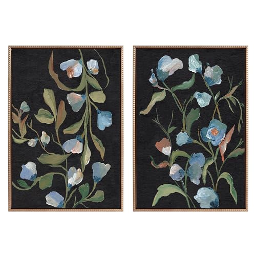 Kate and Laurel Sylvie Beaded Foliage III and Foliage I Vintage Framed Canvas Wall Art Set by Nikita Jariwala; 2 Piece Set 23x33 Gold; Soft Colorful Flower Bouquet Art for Wall