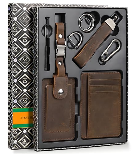 Teskyer Leather Gifts for Men, Premium Leather Gift Set with Slim Wallet, Travel Luggage Tag & Car Keychain, Elegant Gift Box for Father's Day, Birthday, Anniversary, Retirement & Graduation - Coffee