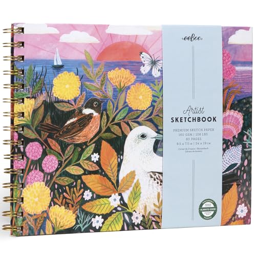 eeBoo Piece & Love: Artist Sketchbook - Seaside Peeps - 80 Pages, 9.5x7.5 Hardcover Spiral Book, 160 GSM, 108 LBS Drawing Paper, Seaside Cover